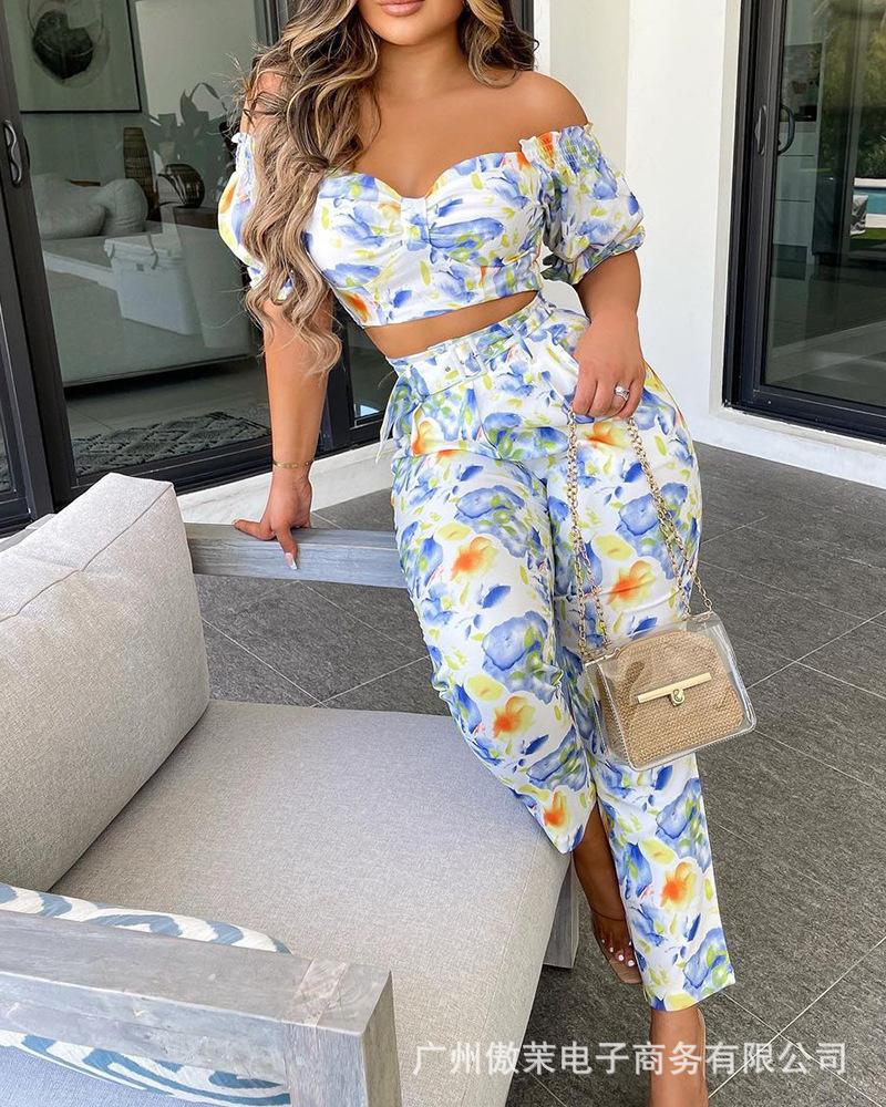 

Women' Two Piece Pants Printed Cropped Top + Slim Trouser Suit Women 2022 Winter Fashion Casual