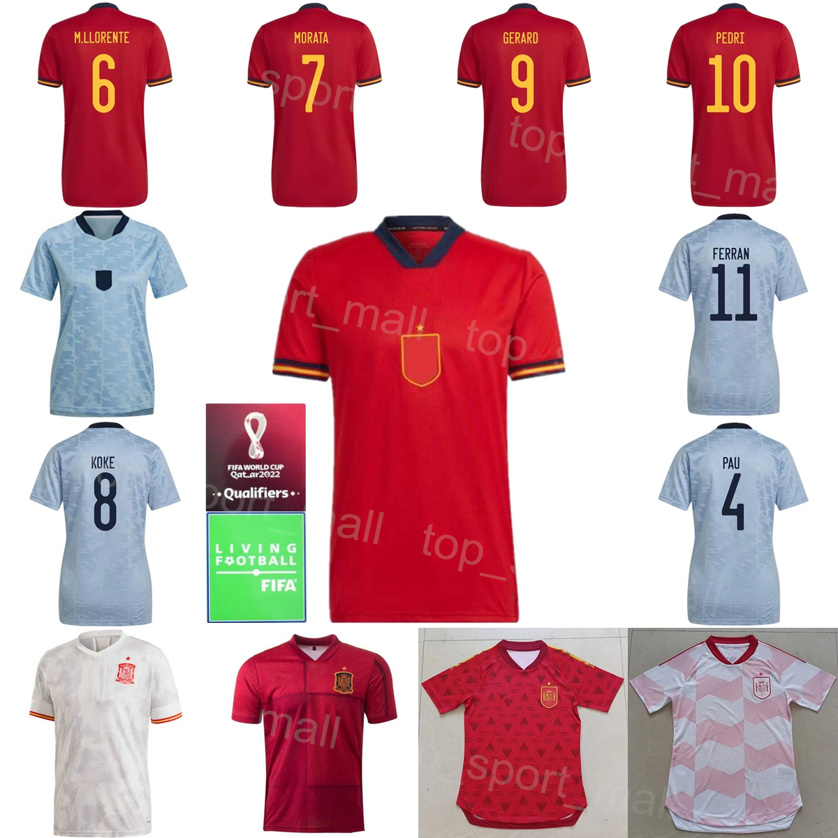 

National Team Spain 2022 Qatar Soccer Espana 18 JORDI ALBA Jerseys 15 SERGIO RAMOS 4 PAUL TORRES 16 RODRI 8 KOKE 11 TORRES 22 SARABIA Football Shirt Kits Red Blue White, With patch
