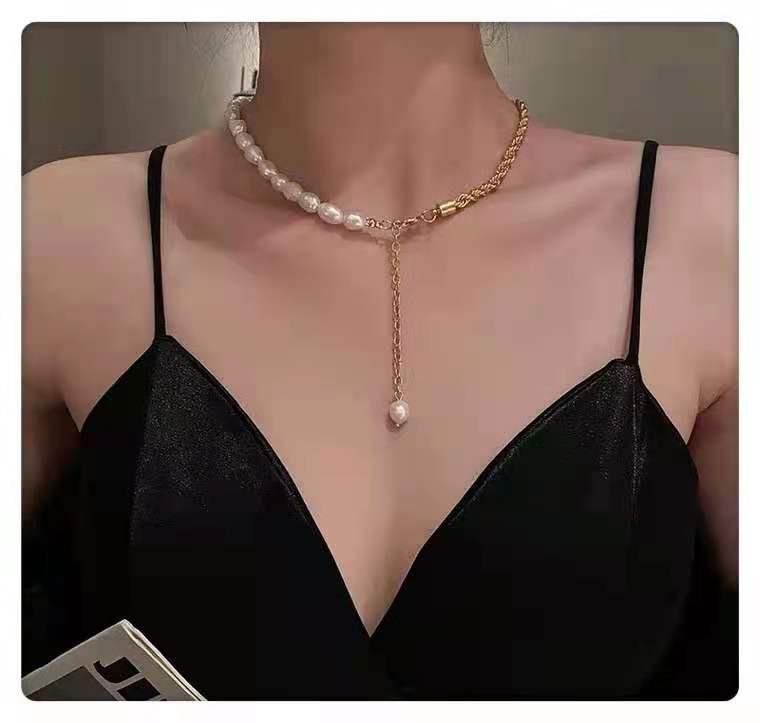 

Chains 14k Gold Plated Stainless Steel Jewerly Freshwater Pearls Necklace Half Twist Chain Baroque Rope Choker NecklaceChains
