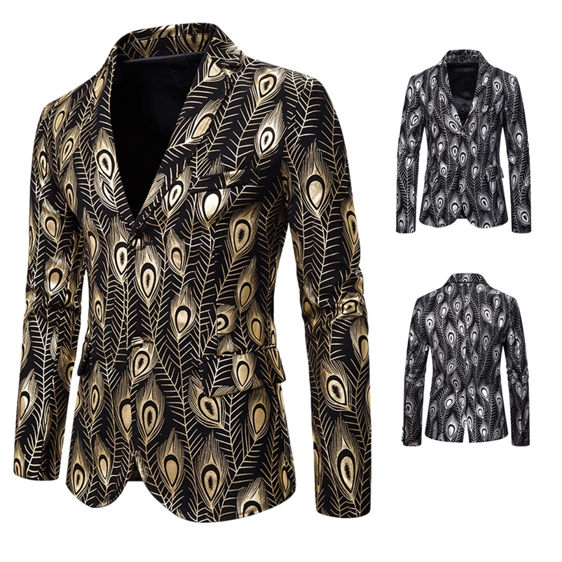 

Men's Suits Blazers Men Feather Stamping Golden Printed Blazer DJ Club Stage Wedding Sport Suit Slim Formal Fit Casual Blazer 220826, Gold