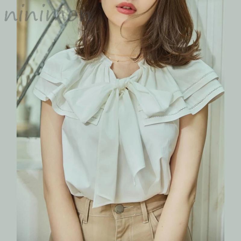 

Women' Blouses & Shirts Double Ruffled Collar Blouse Herlipto Japanese Women Shirt Cute Vintage Design Bow Tie Elegant Sleeveless TopWomen, Black