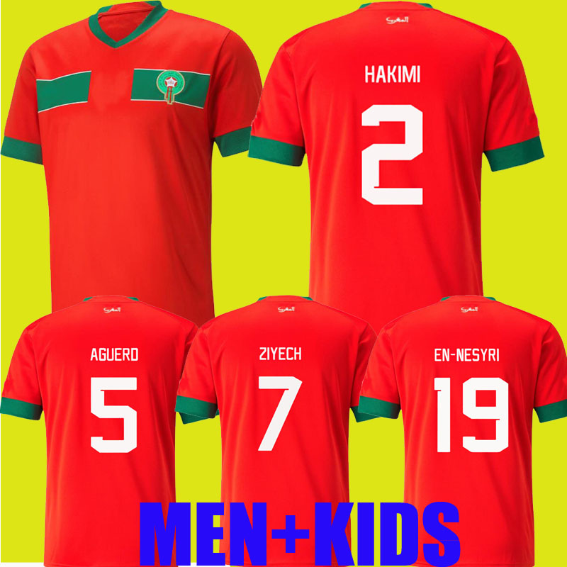 

2022 Morocco soccer jerseys Mazraoui Hakimi SAISS 22 23 AGUERO maillot de foot Boufal Ziyech national team En-Nesyri N.AMRABAT football uniforms shirts men kids kit, Home