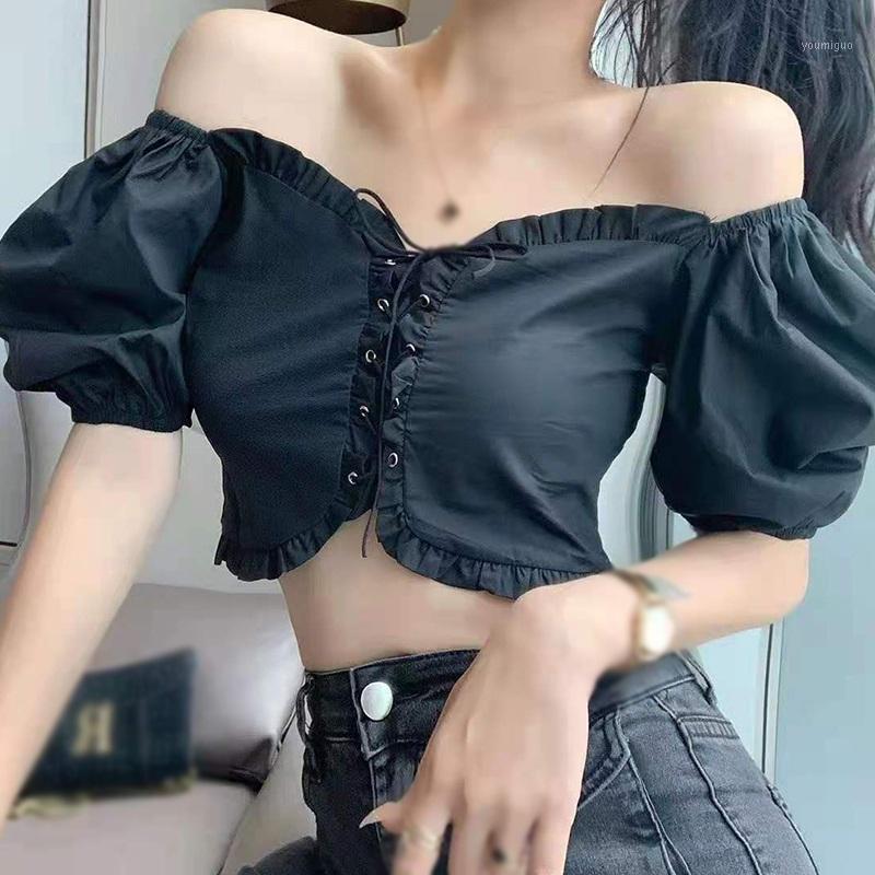 

Women's Blouses & Shirts Summer Women Chiffon Shirt Korean Bandage Exposed Navel Slim Sexy Puff Short Sleeves Blouse, White
