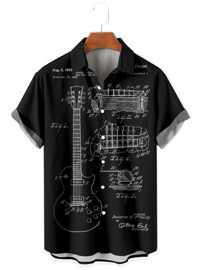 

Men's Casual Shirts Men's Short Sleeve Lapel Shirt Large Size Musical Instrument 3D Printed With PocketMen's