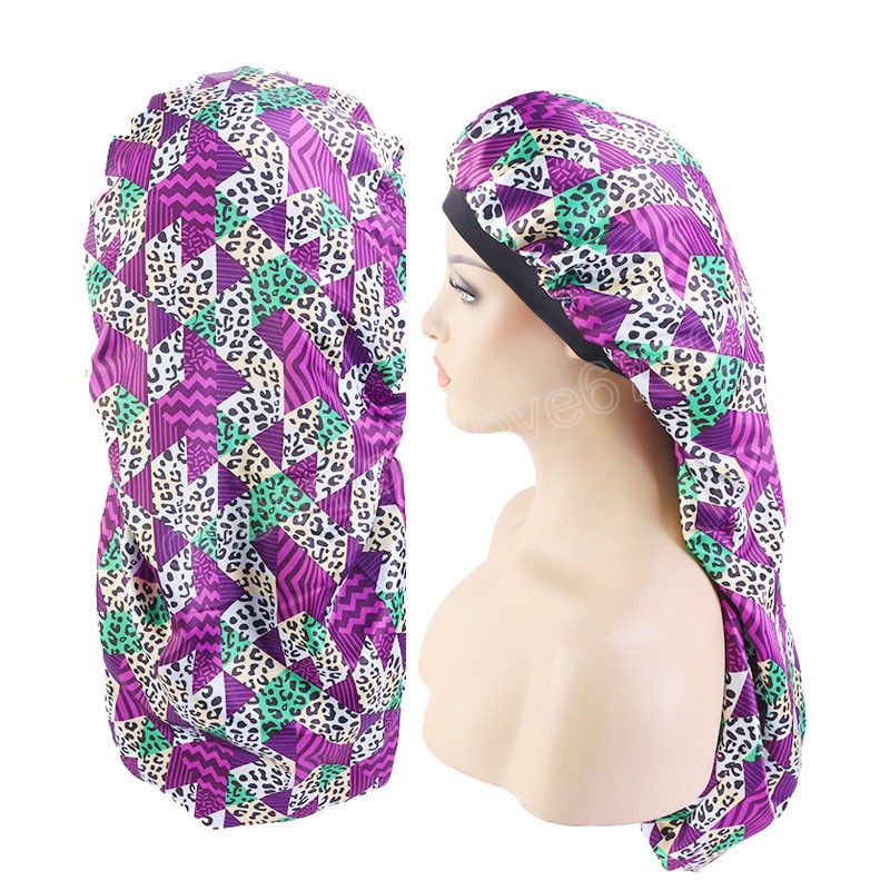 

African Style Satin Long Bonnet Double Layer Night Sleep Cap For Women Shower Hat Beauty Salon Hairdressing Cap Soft Headcover, Mixed color
