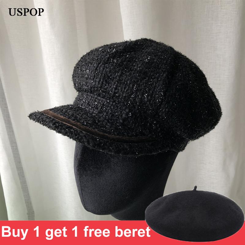 

Berets 2022 Spring Caps Women Hand Made Tweed Octagonal Hats Fashion Female Cap Sboy HatBerets, Black