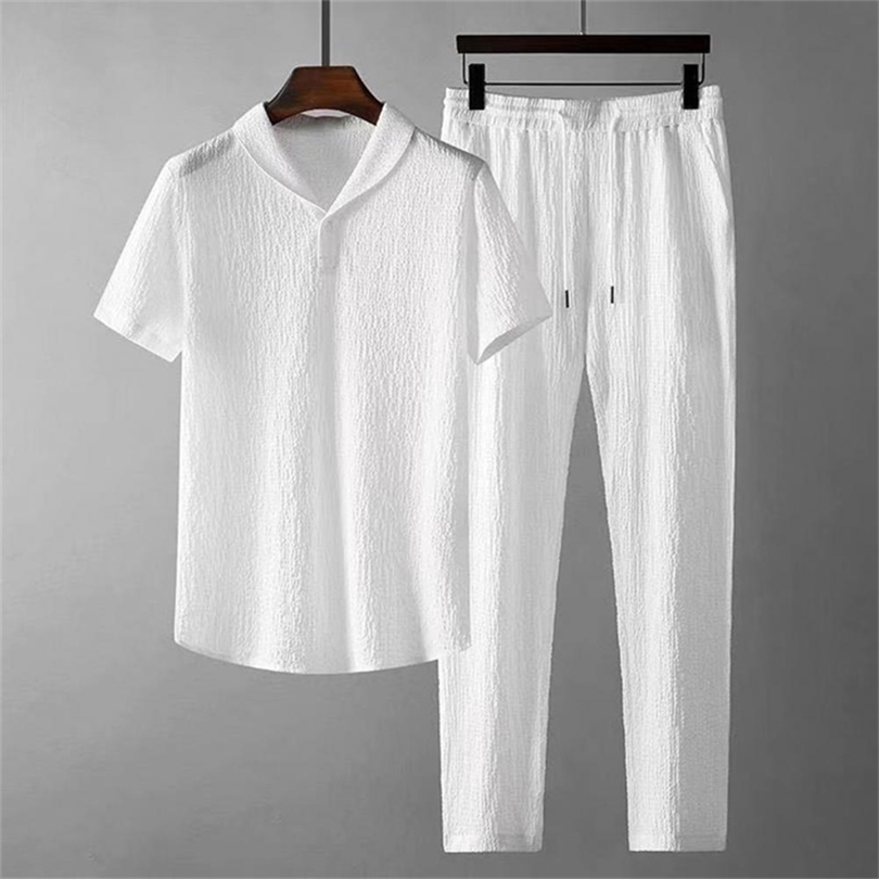 

2Pcs Set Summer Outfits Men s Sets Pure Color Short Sleeve Shirts Pants Two Piece Set Men Tracksuits 220621, Black