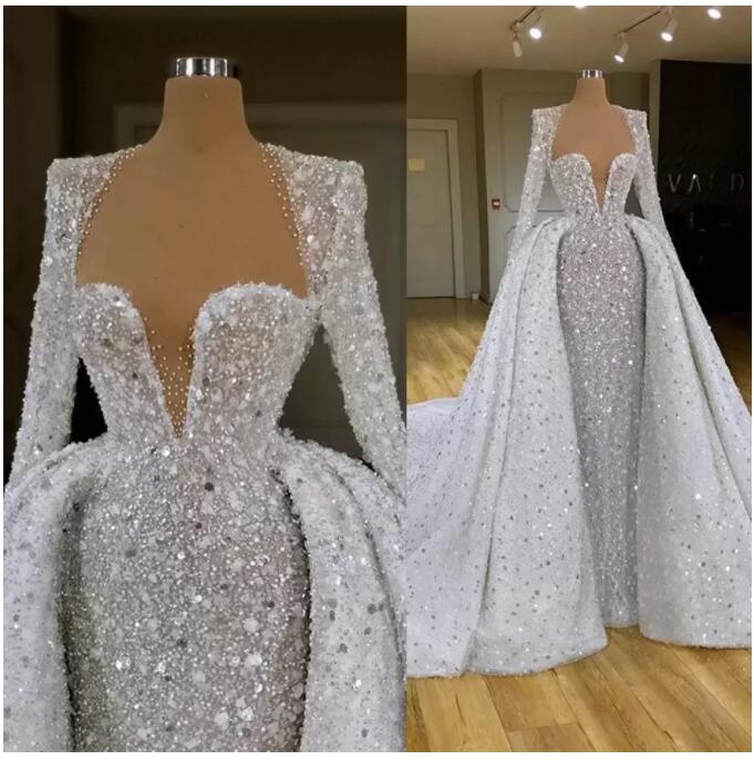 2022 Robe de mariée scintillante avec train détachable à manches longues à manches longues Vestido de Novia Robes de mariée paillettes robes de M