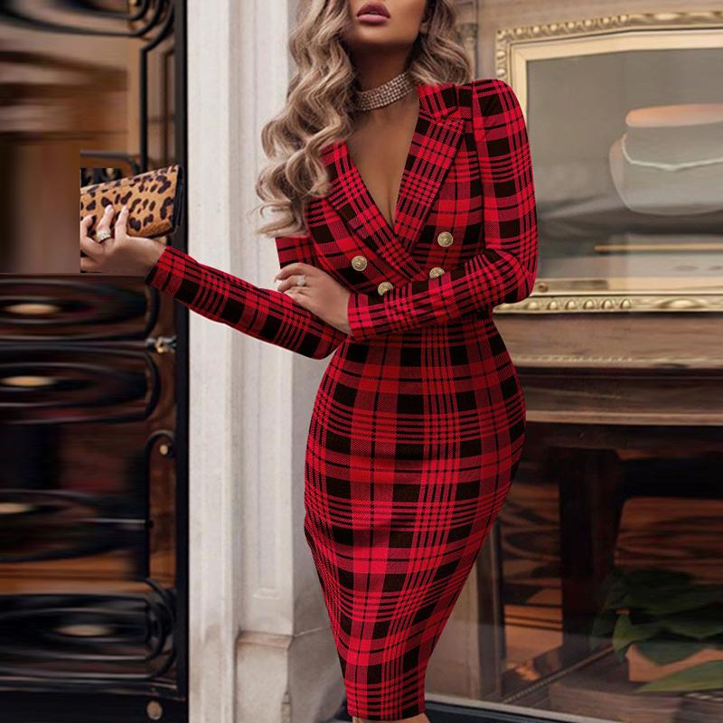 

Casual Dresses Women Notched Collar Buttoned Design Dress Elegant Solid Skinny Bodycon Fashion Spring Autumn Long Sleeve Office, Black;gray