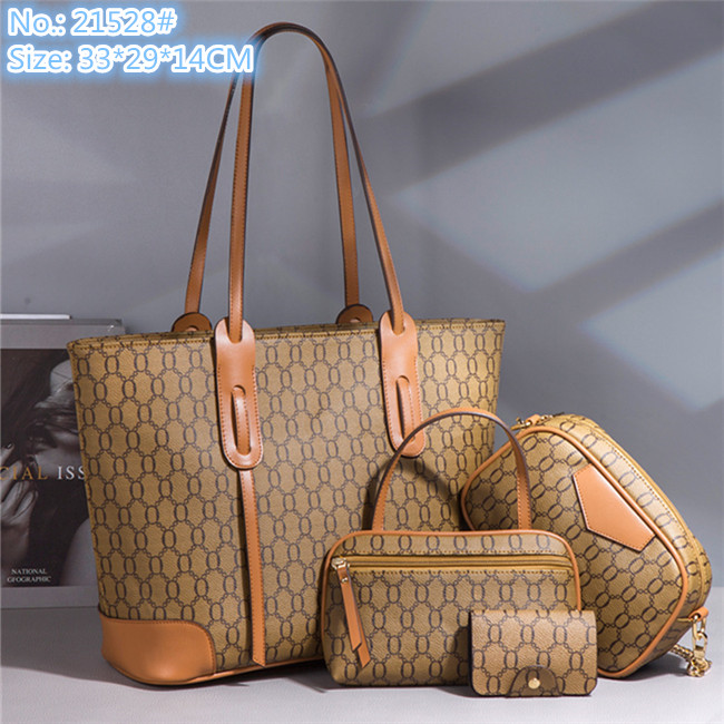 

Wholesale factory ladies shoulder bags 3 colors classic embossed fashion tote bag large capacity 4-piece women handbag simple contrast leather handbags, Khaki-21528#
