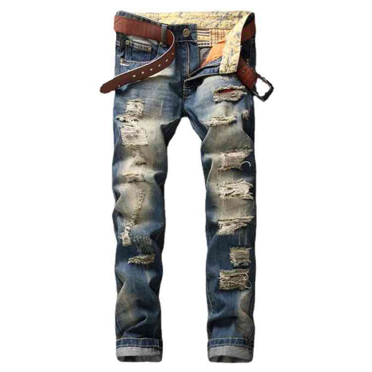 

nostalgic pierced Jeans Straight Tube trendy men's personality pants, Indigo