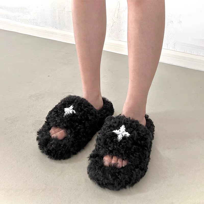 

Smfk Plush cross flower slippers women's black wool comfortable flat bottom, home style