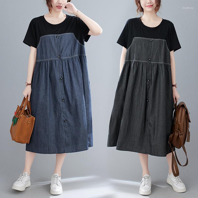 

Plus Size Dresses BIG Summer Women Fashion Elegant Denim Spliced Tops Ladies Female Large Long Loose Casual Drapped Thin Jean Dress Jona22, Black