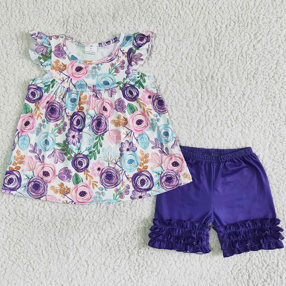 

Fashion Kids Designer Clothing Girl Set Summer Toddler Baby Girl Clothes Flower Leopard Cute Short Sleeve T-shirt Ruffle Shorts Wholesale Children Outfit, As picture