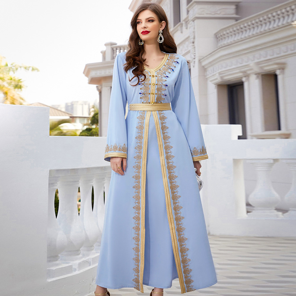 Élégant Marocain Caftan Robe De Soirée 2022 Bleu Clair Cristal Col En V À Manches Longues Appliques Dentelle Dubaï Abaya Formelle Robes De Bal Ro