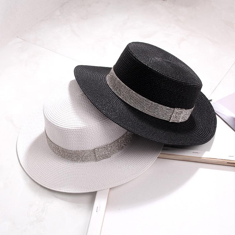 

Wide Brim Hats Sun Hat Fashion Rhinestone All-Match Straw Retro Gold Braided Female Anti-UV Flat Beach Visors, Beige