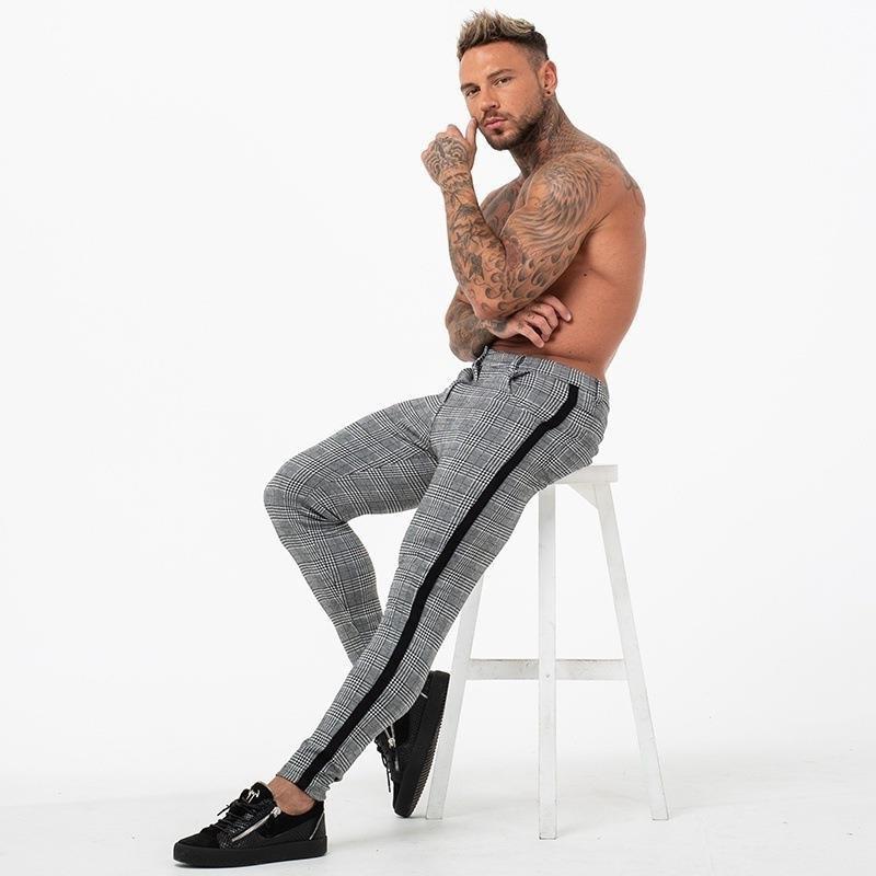 

Men' Pants 2022 Mens Streetwear Plaid Side Stripe Fitness Men Bottom Grey Ankle Length Skinny Chinos Office Work Wear, Black