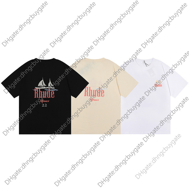 

Designer t Shir Rhude2022 Summer Shor Sleeve Sailboa Prin T-shir Round Neck Sporswear Men' and Women' Shir Brand High Qualiy, White
