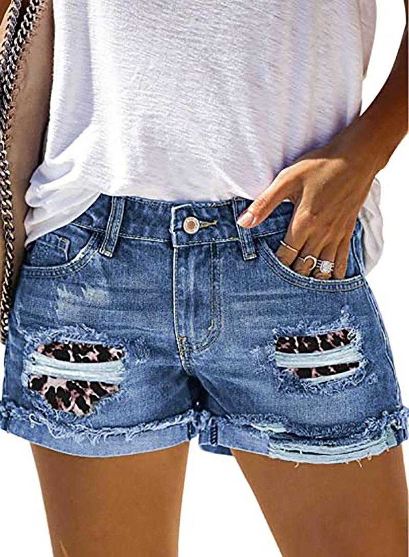 

Women' Shorts Summer Womens Hole Short Jeans Leopard Jean Casual Mid Waist Print Camouflage Ripped Patch Denim For Women XXL, 8015lightblueleopard