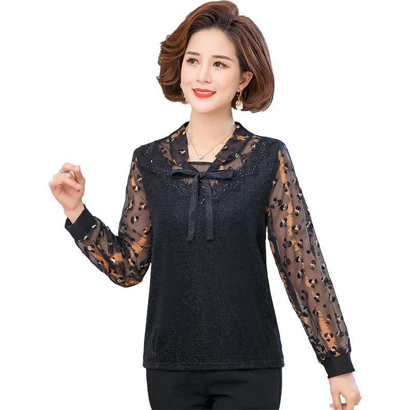 

Women's T-Shirt Women Top Black Diamond Bow Tie Fashion Shirt Female Long Sleeve Chic Casual Sweet Mesh Lace Patchwork Blouses TopsWomen's