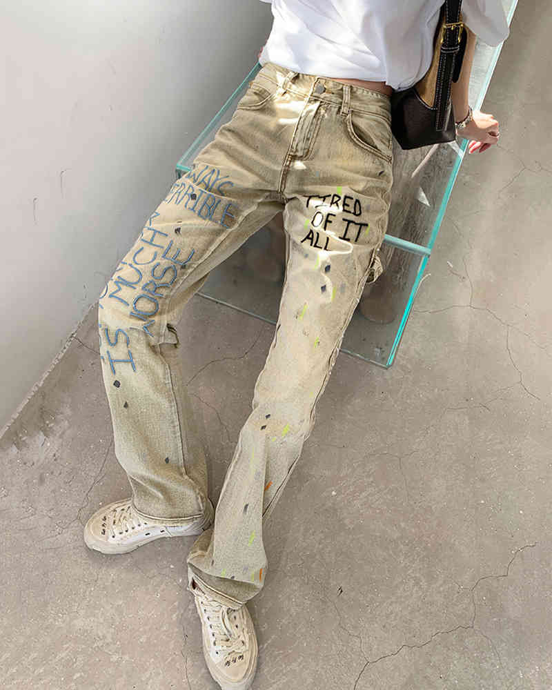 

2022 summer new ins Spice Girl splash jeans slim Street trendy straight pants women, Yellow jeans