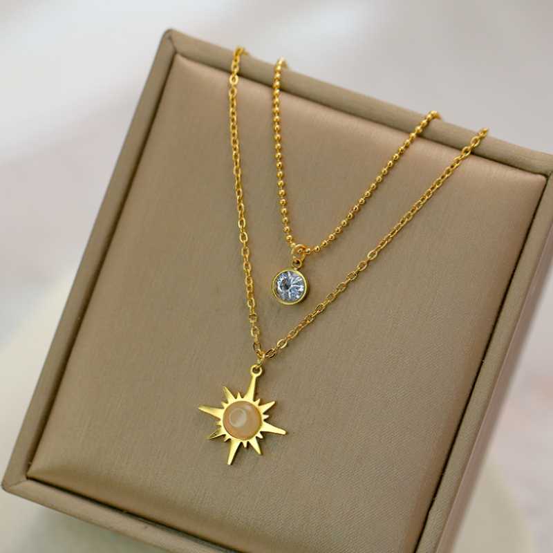 

Pendant Necklaces Stainless Steel Fashion Upscale Jewelry 2 Layer Opal Zircon DazzlingStar Charms Chain Choker Necklace For WomenPendant