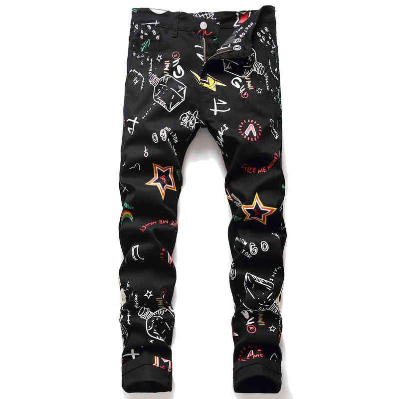 

Foreign American style youth slim fit digital printing small foot tight fashion casual trend men's jeans, Black