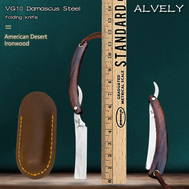 VG10 Damascus Steel Knife Mini Folding Pocket Razor Handmade Sand Iron Wooden Handle Safe and Portable-image-588763051