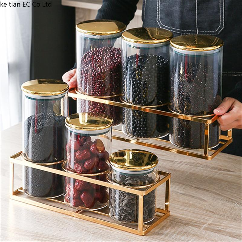 

Storage Bottles & Jars Single Kitchen Airtight Jar Candy Glass Three-piece Tank For Whole Grains With Lid Box Rack