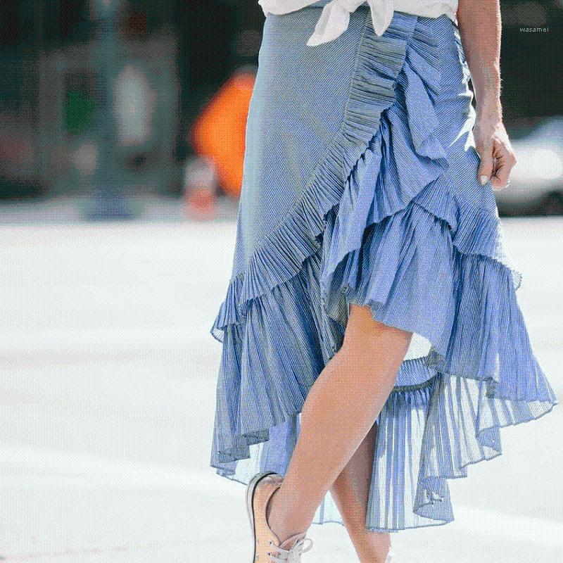

Brand 2022 Women Fashion Skirts Lady Stripe Skirt High Waist All-Matching Ruched, Blue