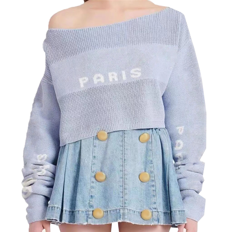 

One Shoulder Knitted Tops For Designer Letter Sleeve Sweatshirts Casual Lady Pullover Clothing, Black white letter