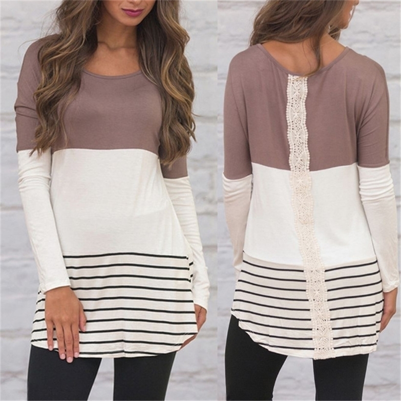 

Women Stripe Printed Lace Patchwork Long Sleeves Tunic T-shirt Autumn Ladies Fashion Casual Pullovers Plus Size Loose Shirt 220322, Black