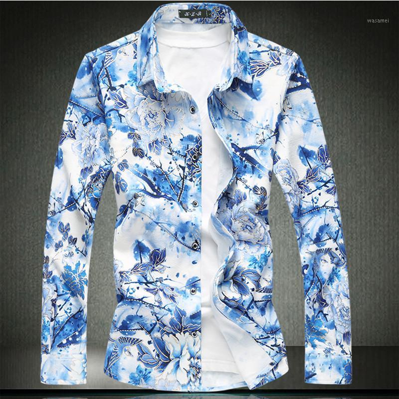 

Men's Casual Shirts Men High Quality 7XL 2022 Fashion Camisa Masculina Red Green Blue Flowers Long Sleeve 5XL 6XL #9711