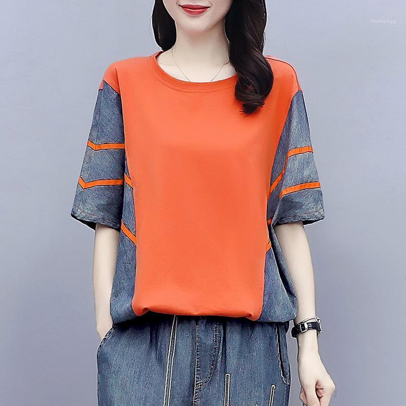 

Women's Blouses & Shirts 2022 Plus Size Women T-Shirt Stripe Patchwork Cotton Denim Casual Basic Ladies Vintage Tee Shirt Fashion Summer Top, Jfl-1f159-5017