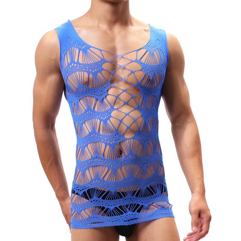 

Bras Sets Mens Top Mesh Tanks See Through Sexy Lingerie For Men Sleeveless Erotic Sissy Costume Night Club Stage Dance Wear SexBras, Blue