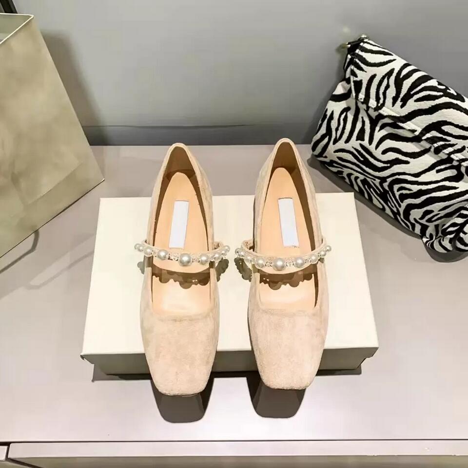 

Top designer women's ballet flat pearl casual shoes solid color beaded square sandals fashion party leather elegant girls single loafers size 35-41, Blue