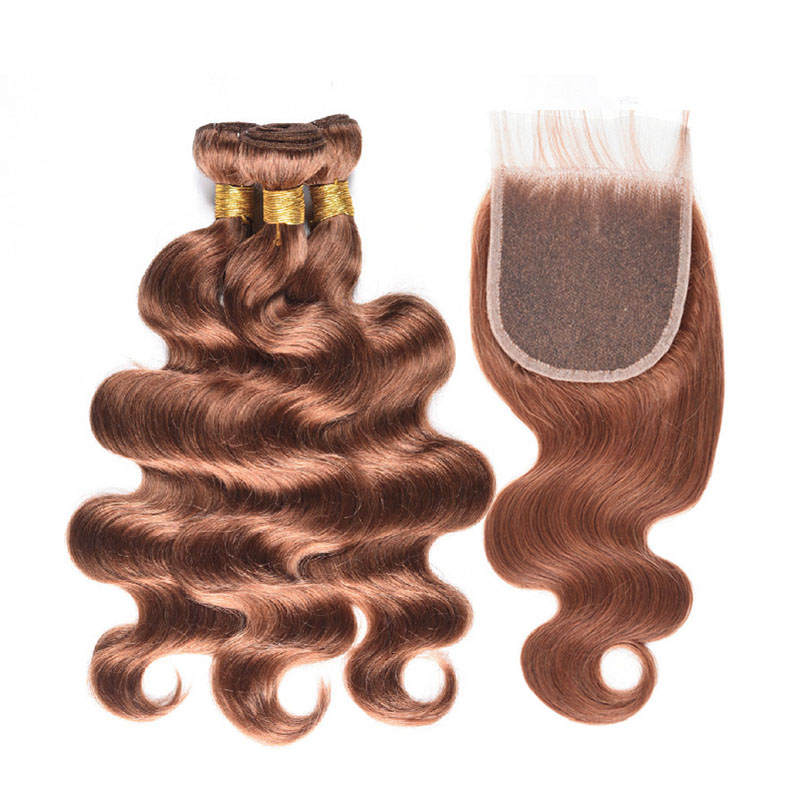

30 Inch 30# Body Wave Bundles With 4x4 Closure Ginger Brown Color Lace Closure with Bundles Brazilian Human Hair Bundles With Closure, Pure/ombre color