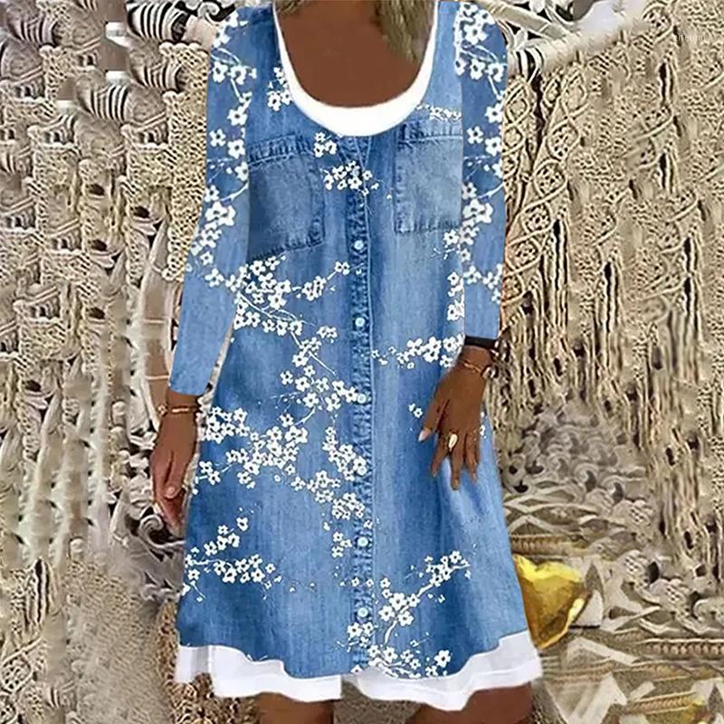 

Casual Dresses Ladies Denim Dress Solid Lady Button Spring Autumn Round Neck Style Long Sleeve Loose, Pure sky blue