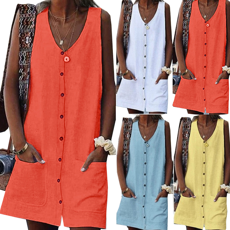 

Sundress Sleeveless Women Summer Dress Boho Style Sexy Vest Dress Mini Button Pockets Solid Beach Dress Female Vestidos, Yellow c