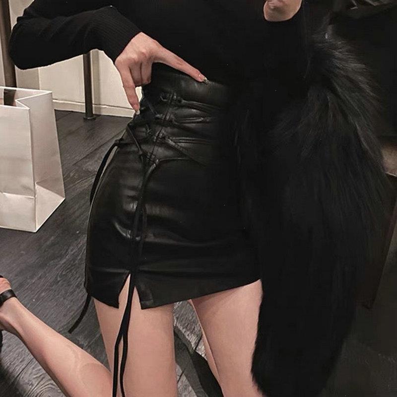 

Gothic Solid Sexy Mini Black Skirt Y2k Woman Lace-up Punk Hippie High Waist Faldas Leather Pencil Streetwear Club