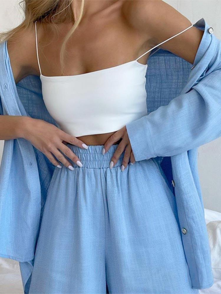 

Women' Tracksuits Cotton Casual Two Pieces Sets Long Sleeve Single-breasted Top Broad-legged Shorts Suit Summer Elastic Waist Wide OutfitWo, Green