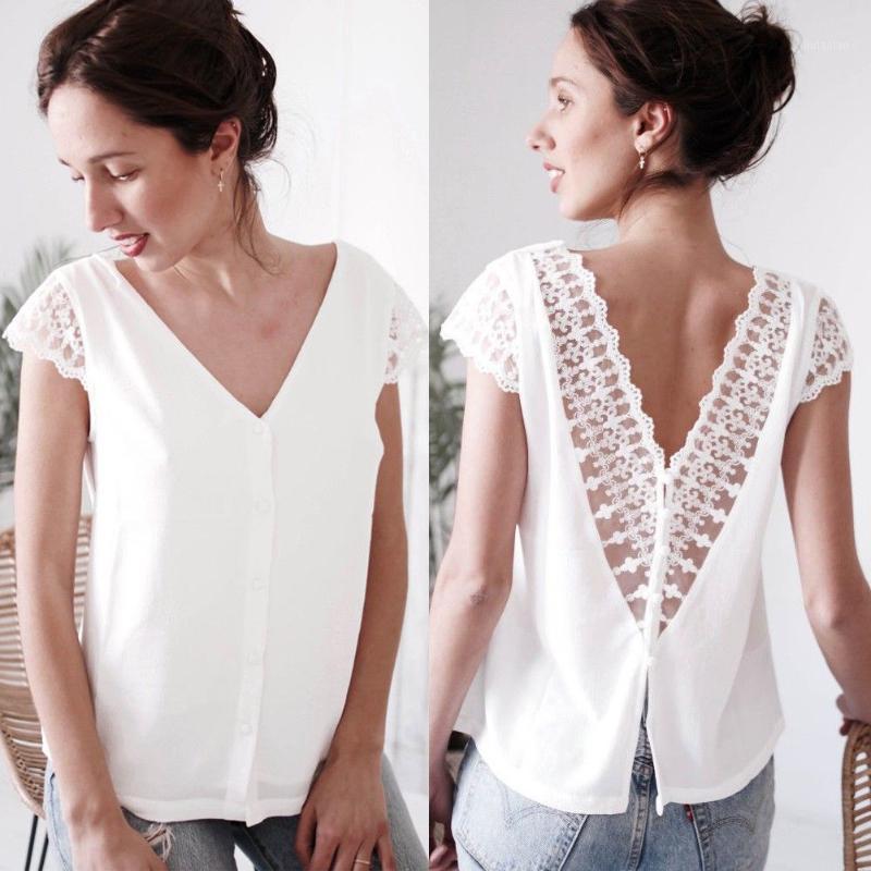 

Women' Blouses & Shirts 2022 Chiffon Lacework Casual V Neck Backless Shirt Ladies Summer Loose Tops Blouse Size -XL, White