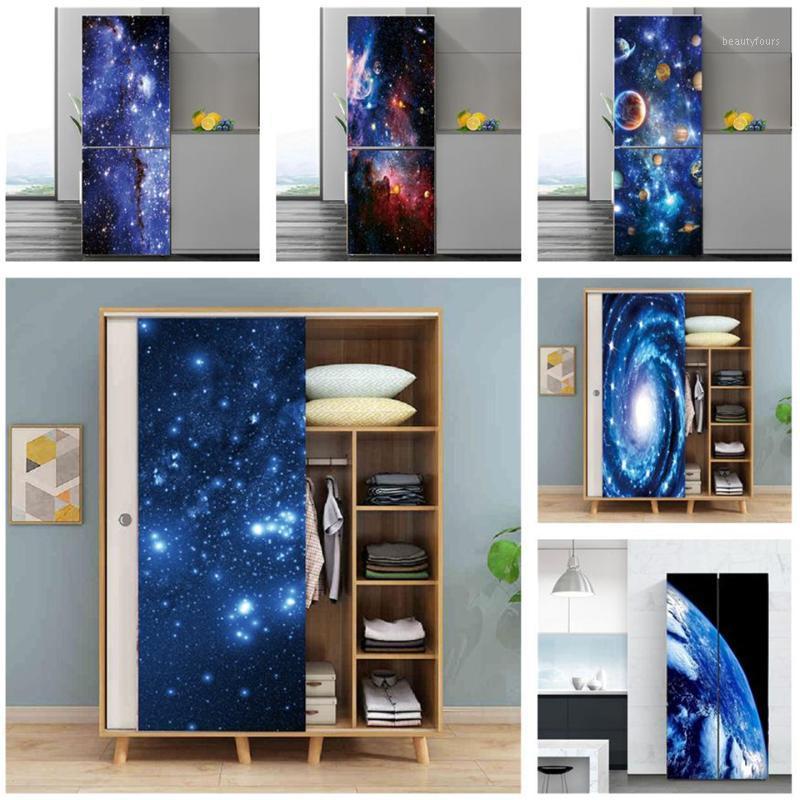 

60x150cm/Custom Size Bright Starry Sky Planet Door Sticker Refrigerator Wardrobe Decoration Poster Self Adhesive PVC Wall Decals Other Decor