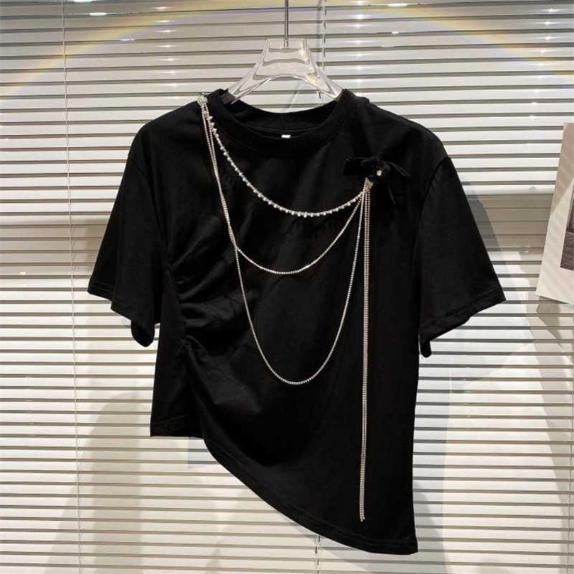 

DEAT summer fashion women cothes round neck short sleeves spliced metal chain patchwork T-shirt female top WR57001M 210709, Black