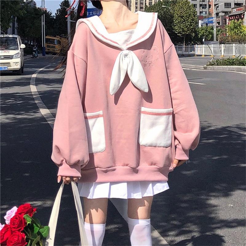 

Japanese Sweet Soft Girl Sweatshirt Kawaii Sailor Collar Bow Pullover Cute Bear Ears Embroidery Pocket Full Sleeve Sweatshirts Women's Hoodi, Blue