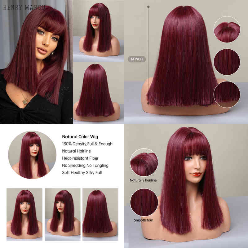 

NXY Henry Margu Short Straight Synthetic Bob Wig for Women Wine Red Burgundy Hair with Bangs Cosplay Party Lolita Heat Resistant 220622, Lc006-1