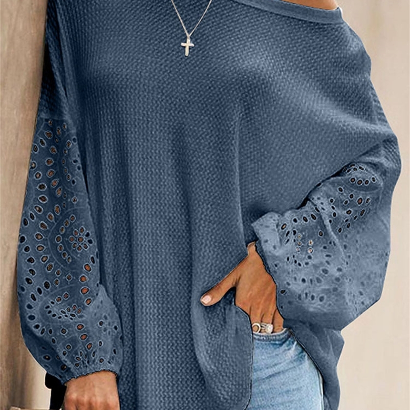 

Elegant Lace Long Sleeve Shirt Women Vintage Hollow Out O-Neck Solid Tops Autumn Female Casual Top T-Shirt 220321, Style5