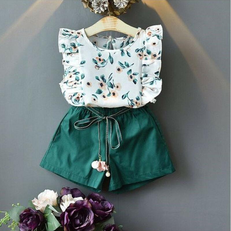 

Toddler Baby Girls Kids Sets Summer Clothes O-neck Flower Sleeveless Green Tops High Waist Shorts Outfit 2pcs 18m-5t, As picture