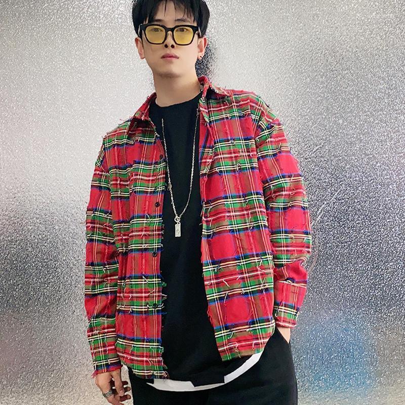 

Men's Casual Shirts Spring Men Harajuku Color Plaid Shirt Mens Streetwear Thick Long Sleeve Male Vintage Korean Fashions ClothesMen's Chee22, Red
