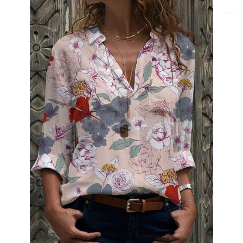 

Oversized Print Retro Floral Women Blouse Long Sleeve Loose V-neck Chinese Styles Autumn Female Top Shirts Plus Size 5XL SJ6836C Women' Blo, Sky blue